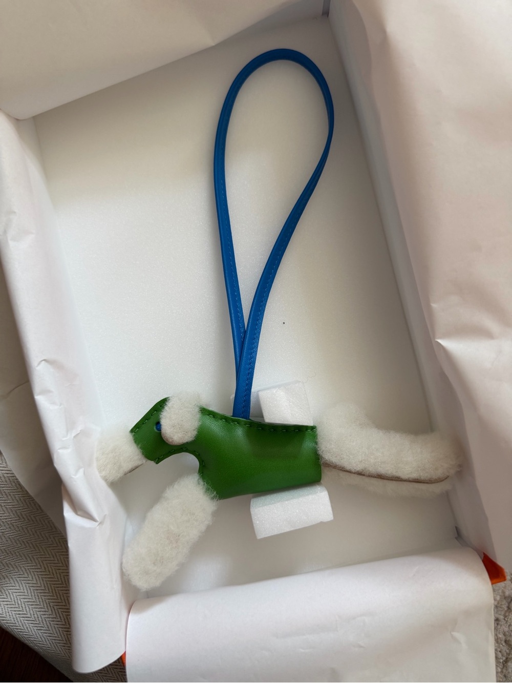 Hermes Green Leather & White Fur Budy Dog Charm with Blue Strap -rare color